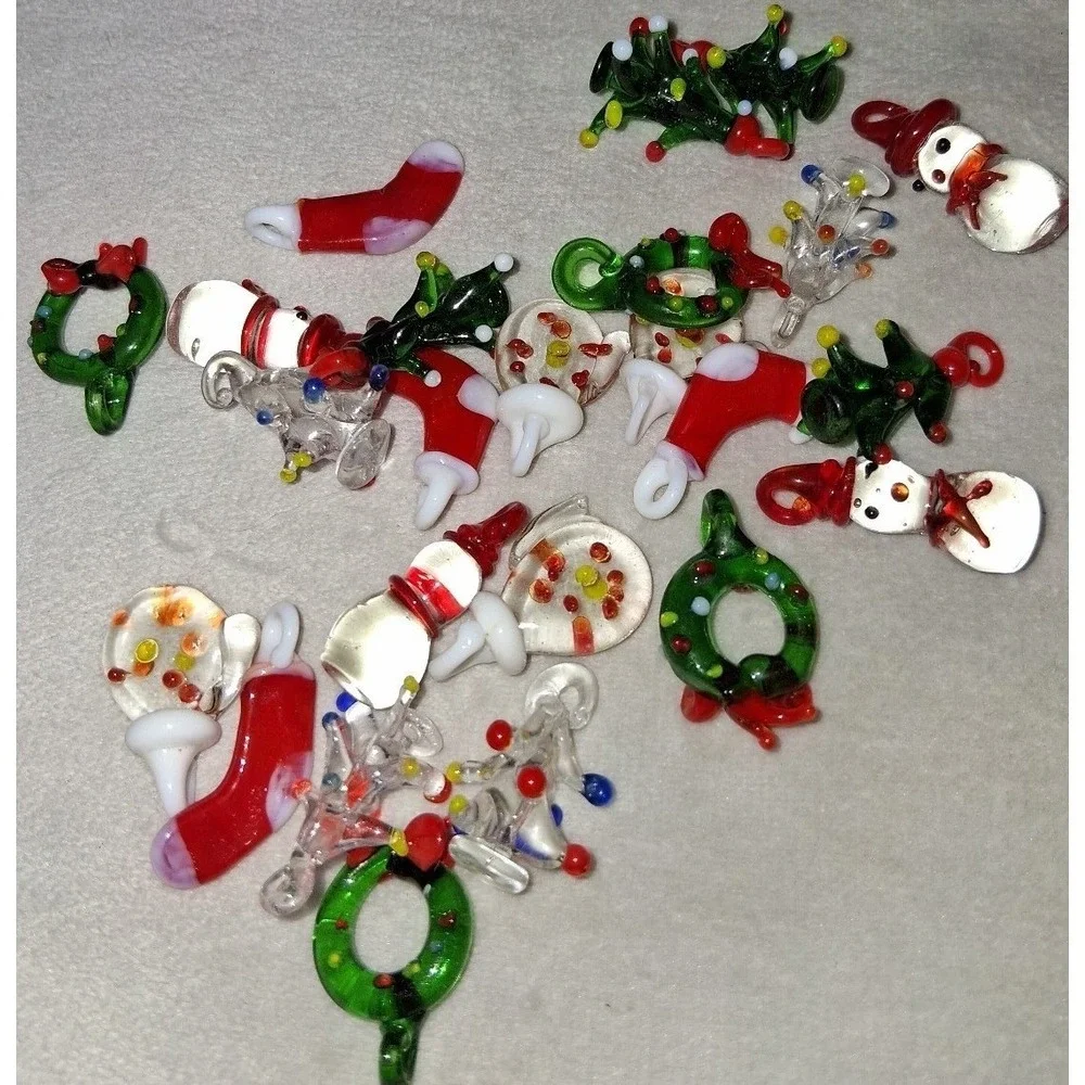 Lot of 24 Handmade Lampwork Glass Christmas Charms Tree Snowman Wreath Stocking